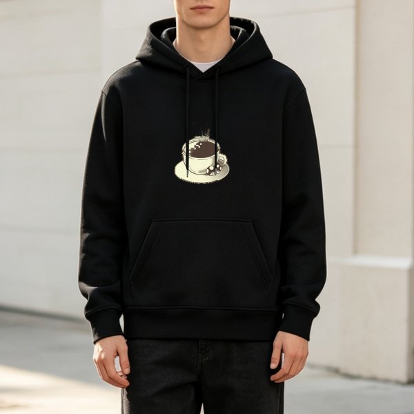 Black Hoodie With Steaming Coffee Cup And Mushroom Print
