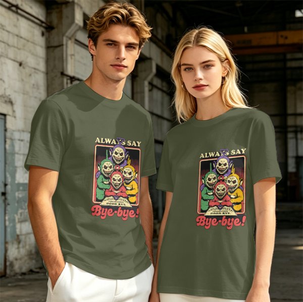 Olive t-shirt with creepy Teletubbies 'Always Say Bye-bye' print
