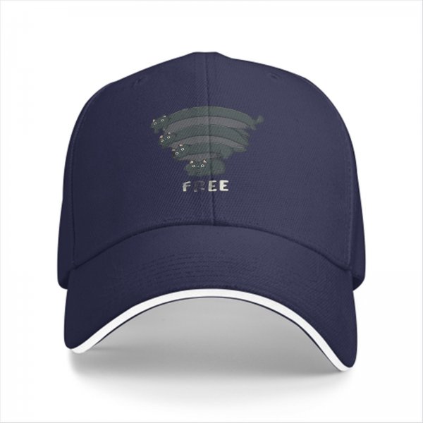 Black baseball cap with stacked cat graphic and 'FREE' text