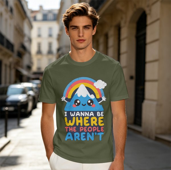 Olive graphic tee with cute mountain rainbow and 'I Wanna Be Where The People Aren't' text