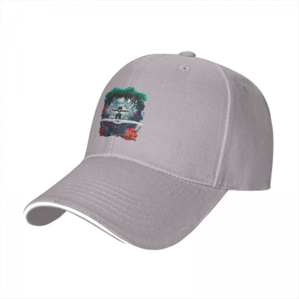 Black Baseball Cap With Fantasy Forest Figure And Red Floral Print