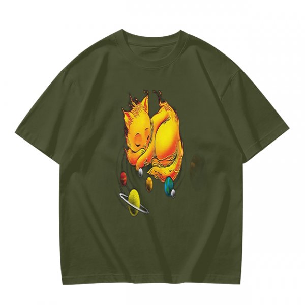 Olive T-Shirt With Sleeping Cosmic Cat And Planets Graphic