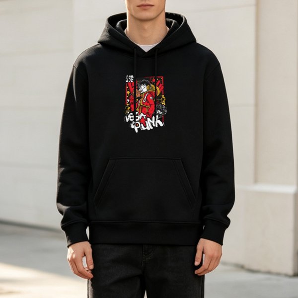 Black hoodie with One Piece themed Vega Punk graphic print
