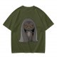 Olive T-shirt with Angry Cat in Hooded Cloak Graphic Print