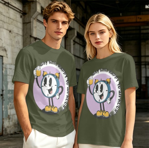 Olive T-Shirt With Cartoon Clock Holding Beer 'Happy Hour' Print