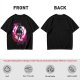 Olive anime cat character graphic t-shirt with pink abstract background