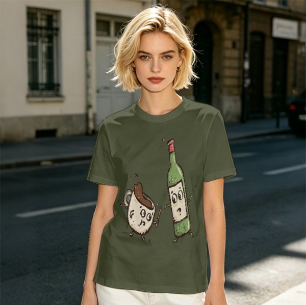 Olive T-Shirt With Cartoon Coffee Mug And Wine Bottle Print