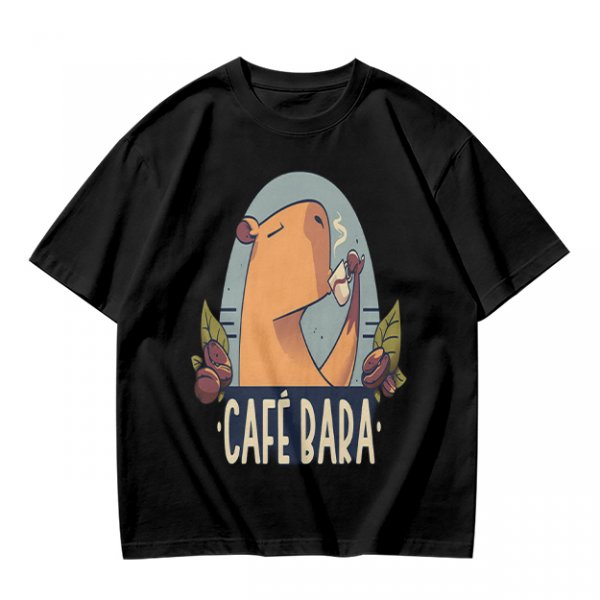 Olive t-shirt with capybara drinking coffee graphic