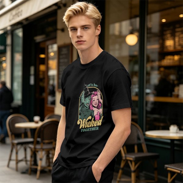 Olive green graphic t-shirt with 'Let's be Wicked Together' witch design