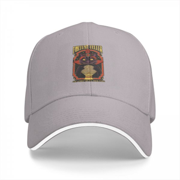 Black baseball cap with fortune teller cat graphic and text