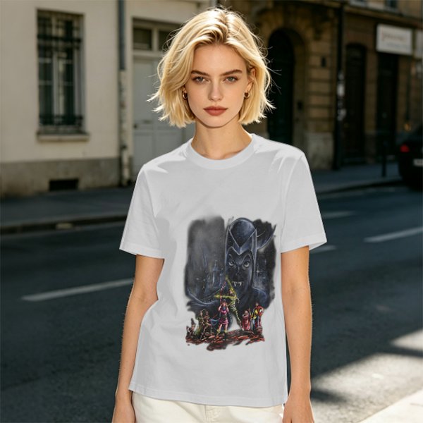 Olive T-Shirt With Dark Fantasy Villain And Hero Group Print