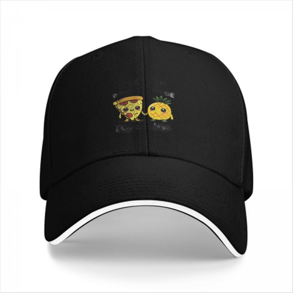 Black baseball cap with cute pizza and pineapple graphic design