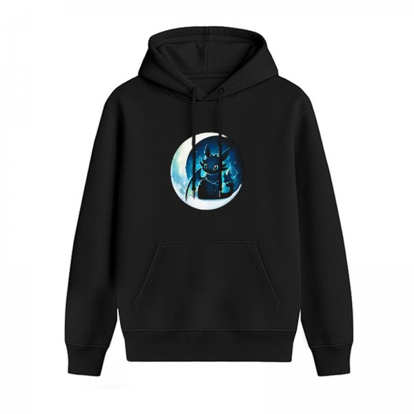 Black Hoodie With Toothless Dragon On Crescent Moon Graphic