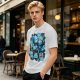 Olive T-Shirt With Playful Blue Cat Character Print