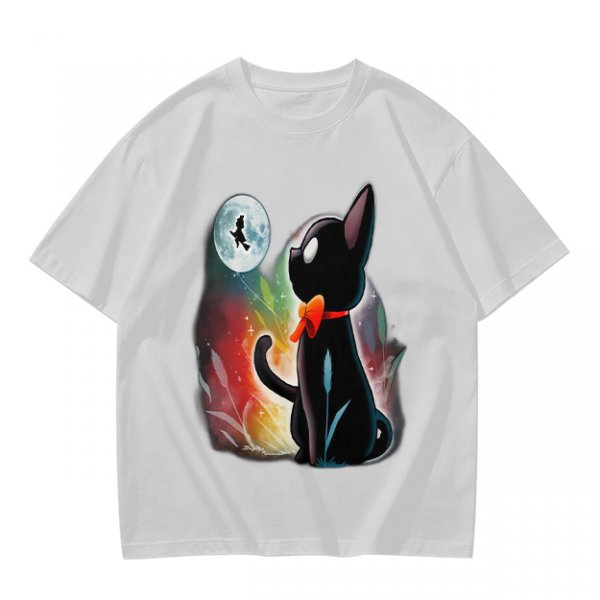 Olive T-shirt with black cat watching moon witch silhouette print
