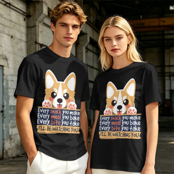 Olive t-shirt with corgi graphic and 'I'll Be Watching You' snack quote