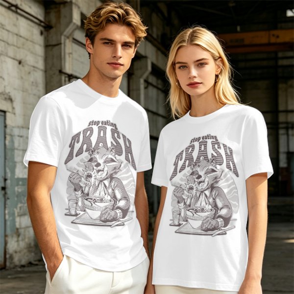 Olive graphic t-shirt with raccoon eating and 'Stop eating TRASH' print