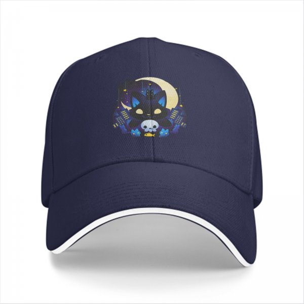 Black Baseball Cap With Night City Black Cat Crescent Moon Skull Art