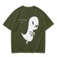Olive T-Shirt With Cute Running Ghost Dinosaur Graphic Print