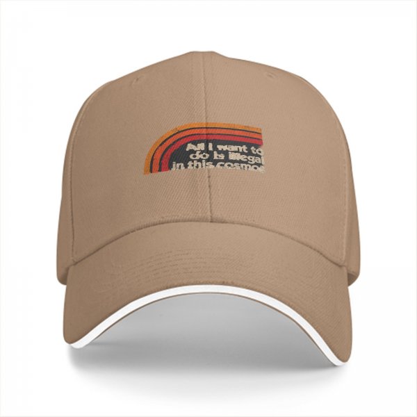 Black baseball cap with retro rainbow and 'All I want to do is illegal in this cosmos' text