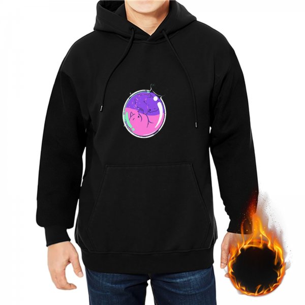 Black hoodie with sleeping cats in a bubble graphic
