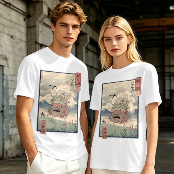 Olive t-shirt with ukiyo-e style Howl's Moving Castle print