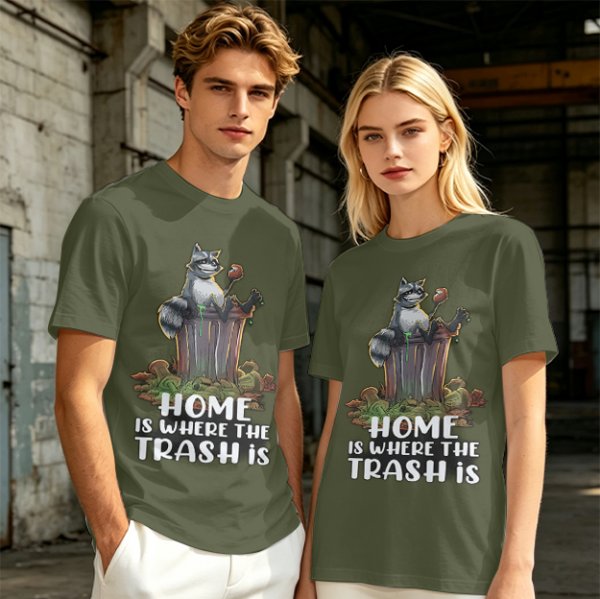 Olive t-shirt with raccoon in trash can and funny home quote