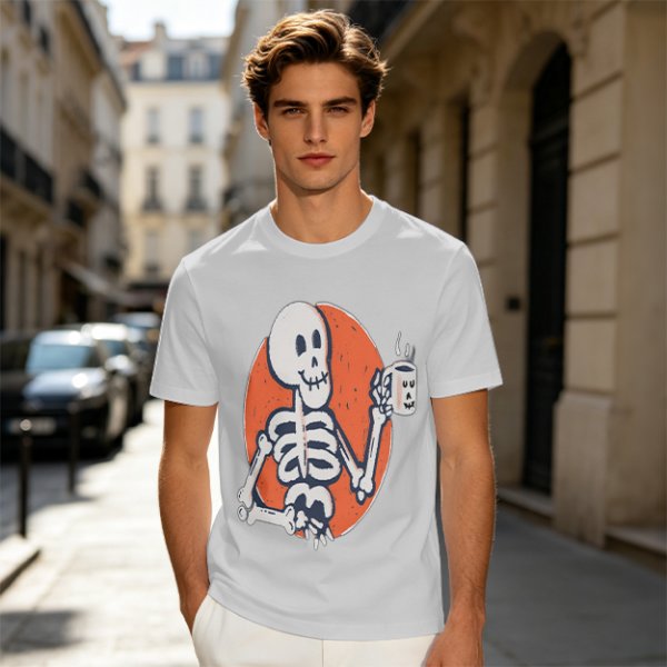 Olive Skeleton Holding Coffee Mug Graphic T-Shirt