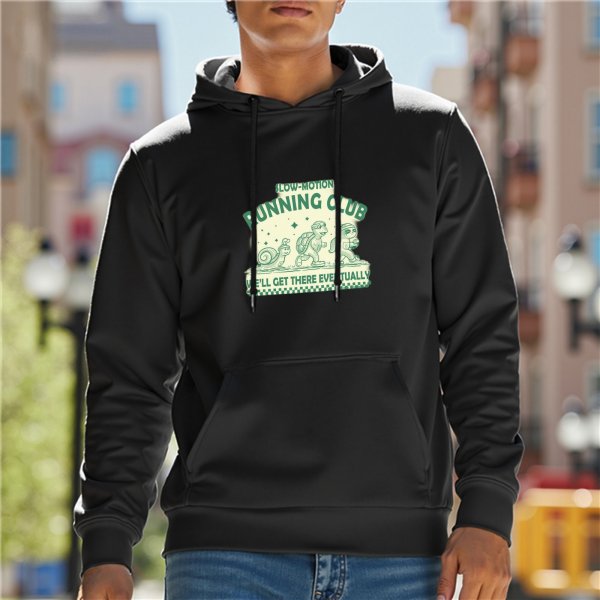 Black Hoodie With Low-Motion Running Club Sloth Turtle Snail Graphic
