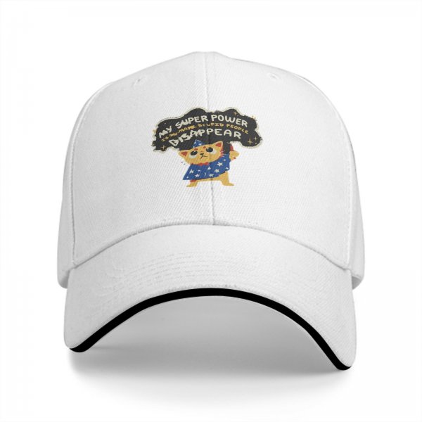 Black Baseball Cap With Wizard Cat 'My Super Power Is Making Stupid People Disappear' Print