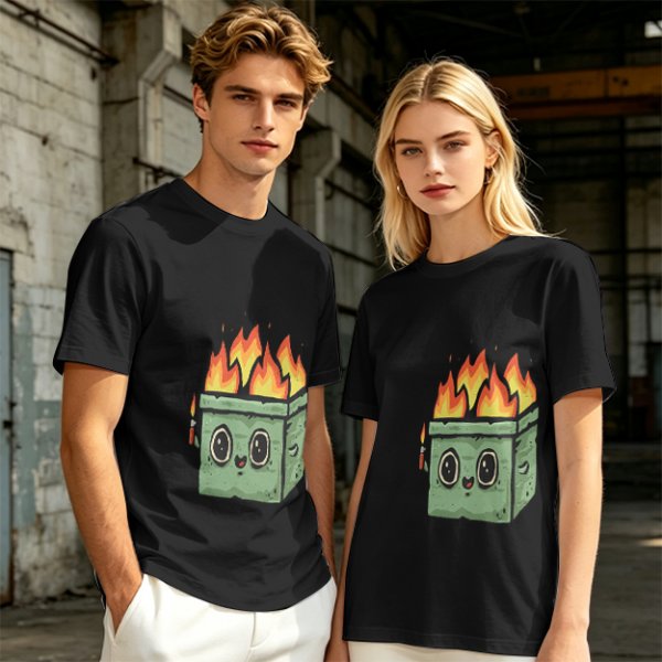Olive green t-shirt with a cartoon burning box graphic