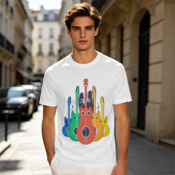 Olive T-Shirt With Colorful Cat Guitar Illustration