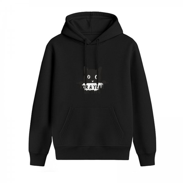 Black hoodie with cute black cat graphic and 'FOR A YEAR' text