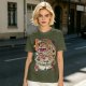 Olive t-shirt with cat bus ramen bowl graphic print