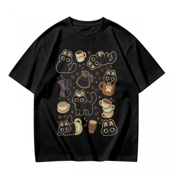Olive T-Shirt With Cute Black Cats And Coffee Themed Print