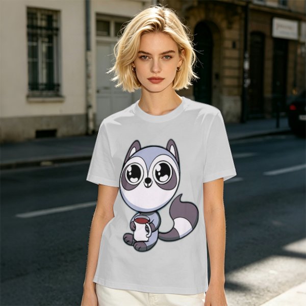 Olive T-Shirt with Cute Raccoon Holding Coffee Mug Print