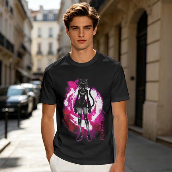 Olive anime cat character graphic t-shirt with pink abstract background