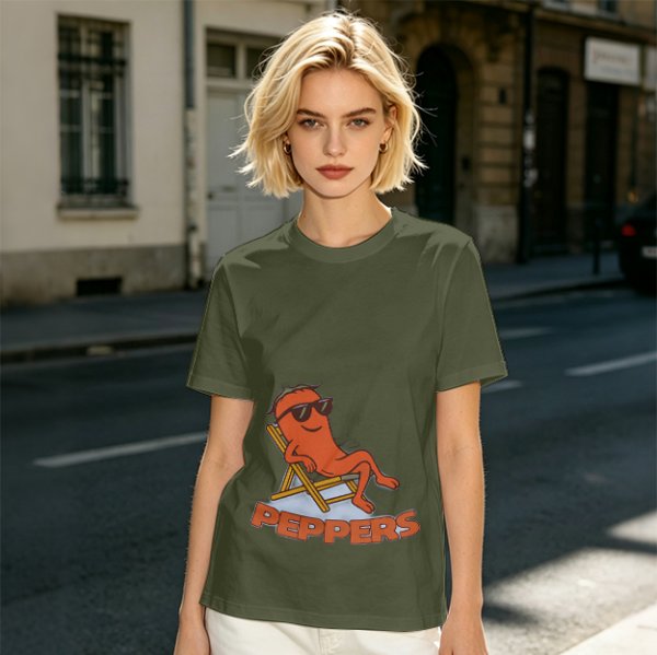 Olive T-shirt with Relaxed Cartoon Chili Pepper Wearing Sunglasses and Peppers Text
