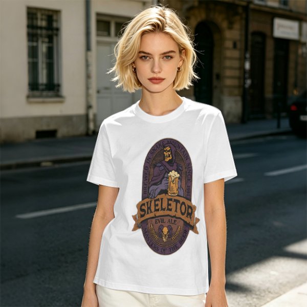 Olive green t-shirt with Skeletor Evil Ale beer graphic