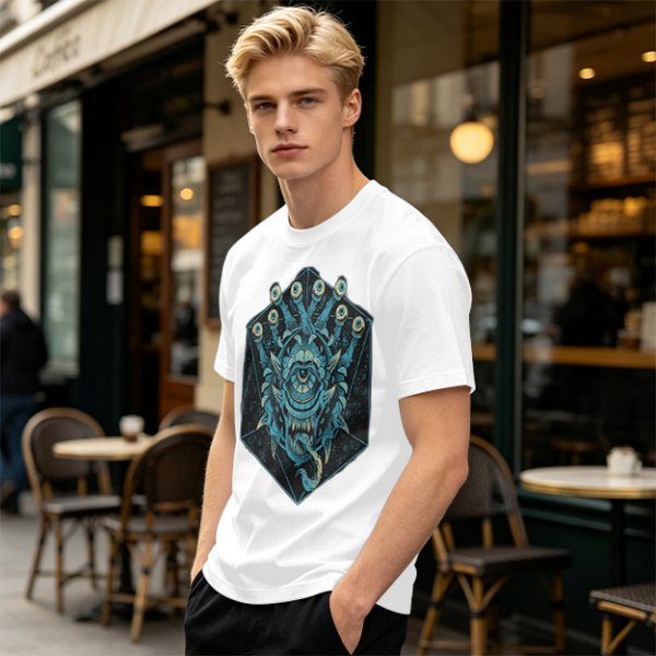 Olive T-Shirt With Blue Beholder Monster Graphic Print