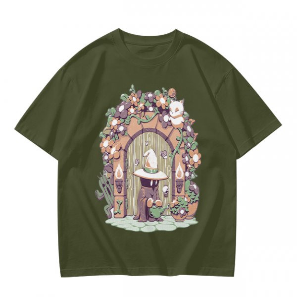 Olive T-Shirt With Whimsical Wizard Cat Garden Door Art