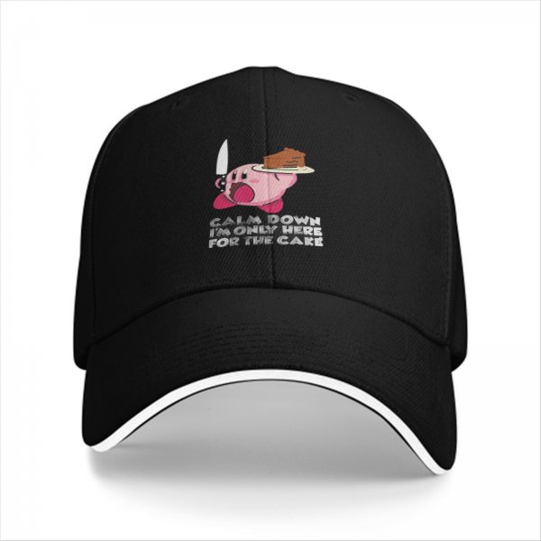 Black baseball cap with Kirby holding cake and knife, text 'Calm Down I'm Only Here For The Cake'