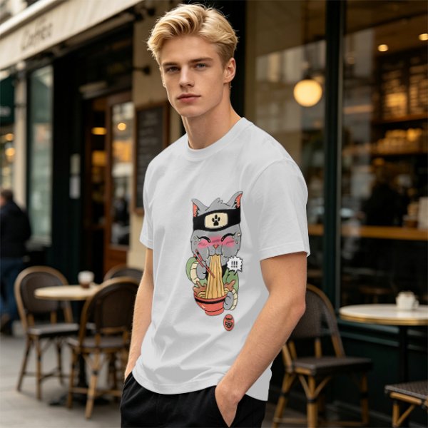 Olive green t-shirt with a ninja cat eating ramen graphic