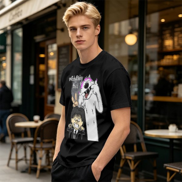 Olive graphic tee with Wednesday and Enid cartoon wolf design