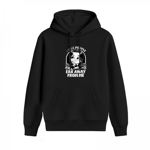 Black hoodie with 'I like people far away from me' Wednesday Addams graphic
