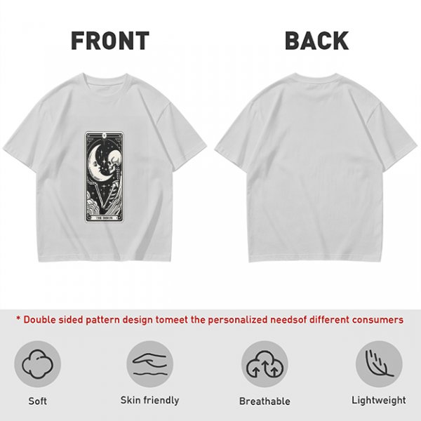 Olive t-shirt with The Moon tarot card skeleton and crescent moon print