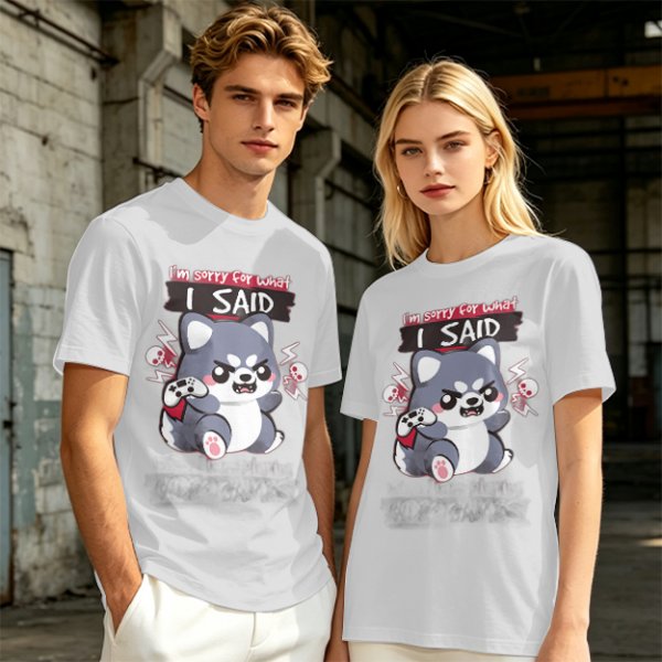Olive t-shirt with angry gaming wolf graphic and funny apology text