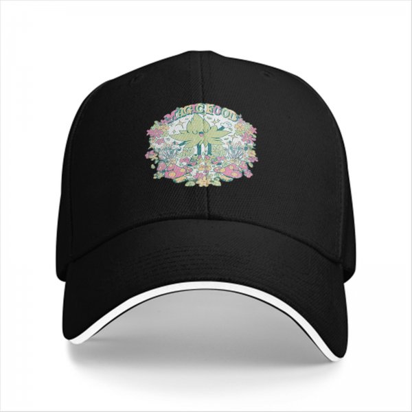 Black baseball cap with whimsical magical plant and mushroom graphic