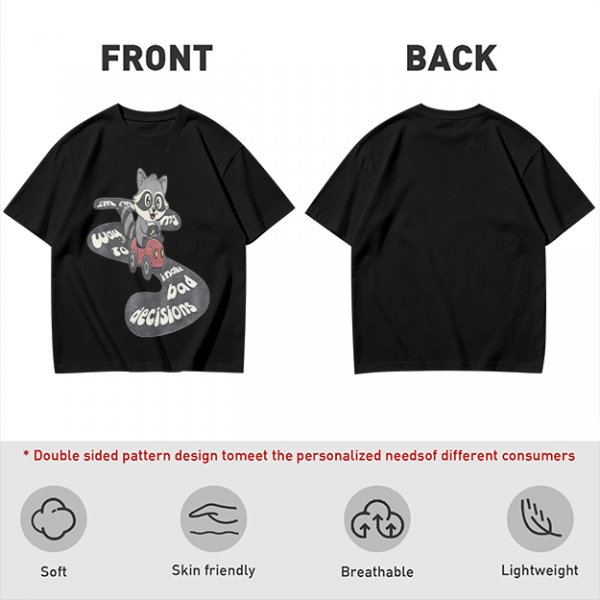 Olive graphic tee with raccoon driving car and 'Way to make bad decisions' text