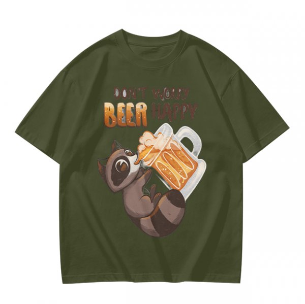 Oversized olive t-shirt with raccoon drinking beer graphic